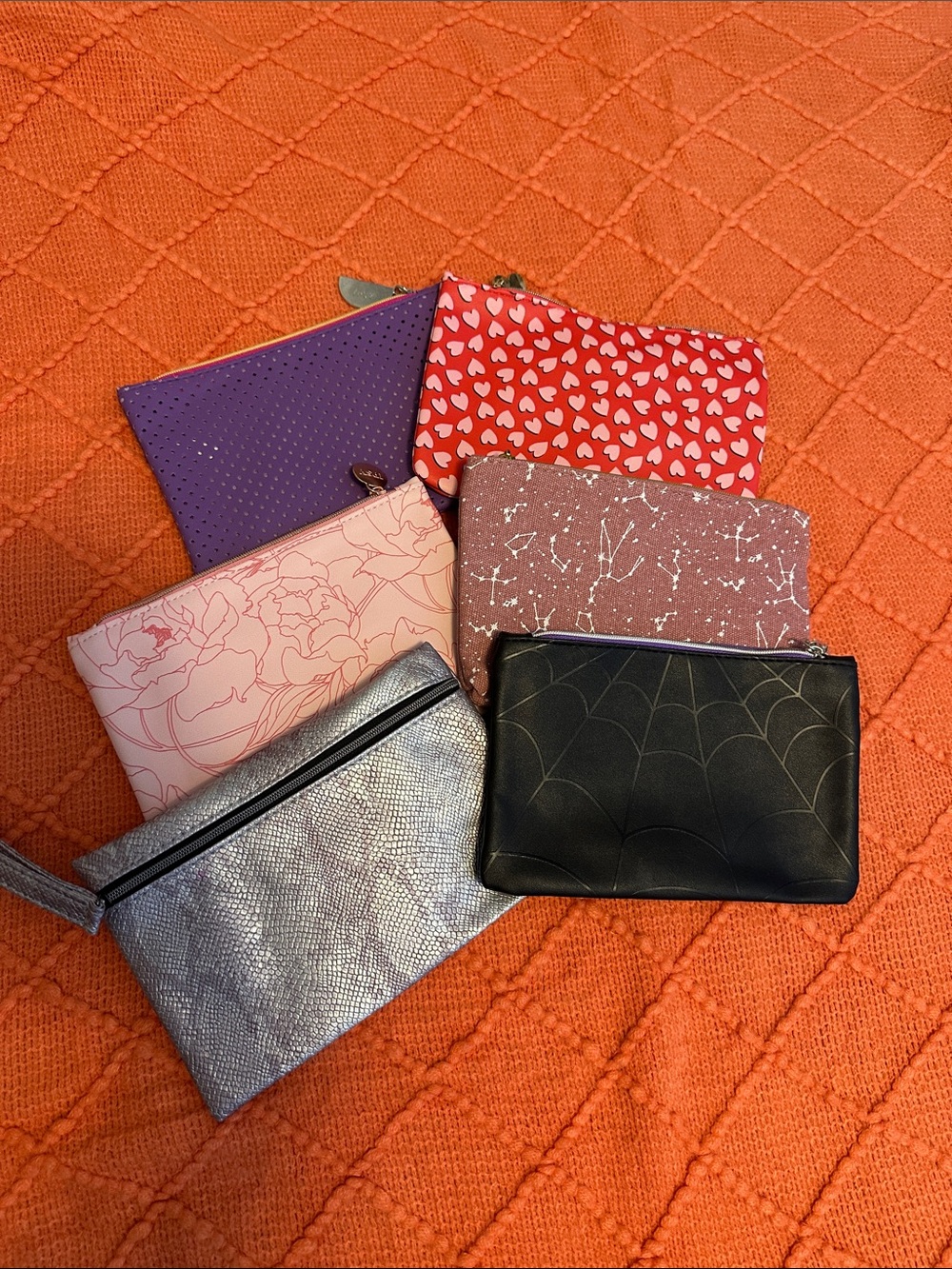 Set of Women's Small Cosmetic Pouches - Orange, Purple, Red, Pink, Silver, Black